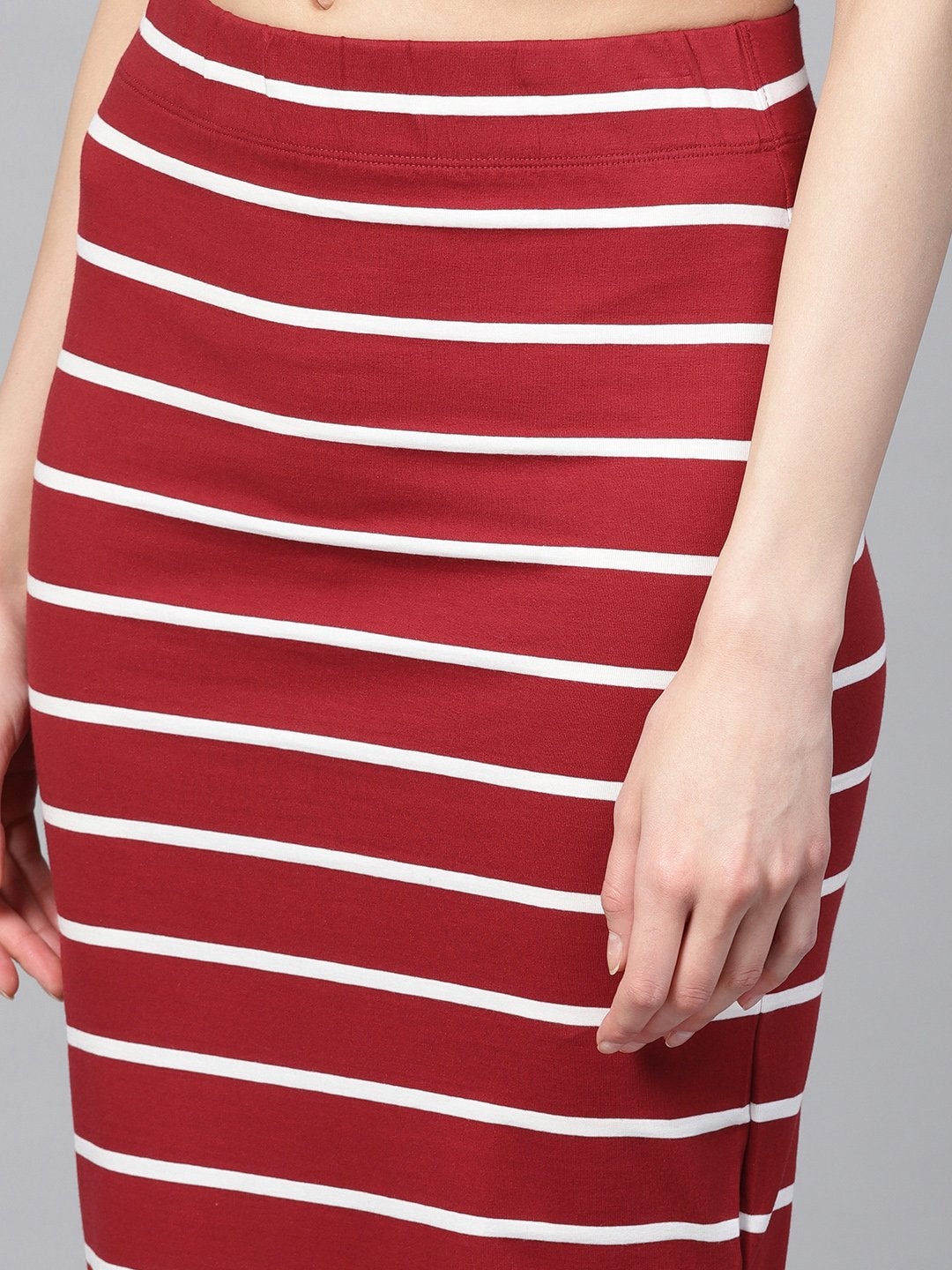 Women's Maroon White Stripe Maxi Pencil Skirt - SASSAFRAS