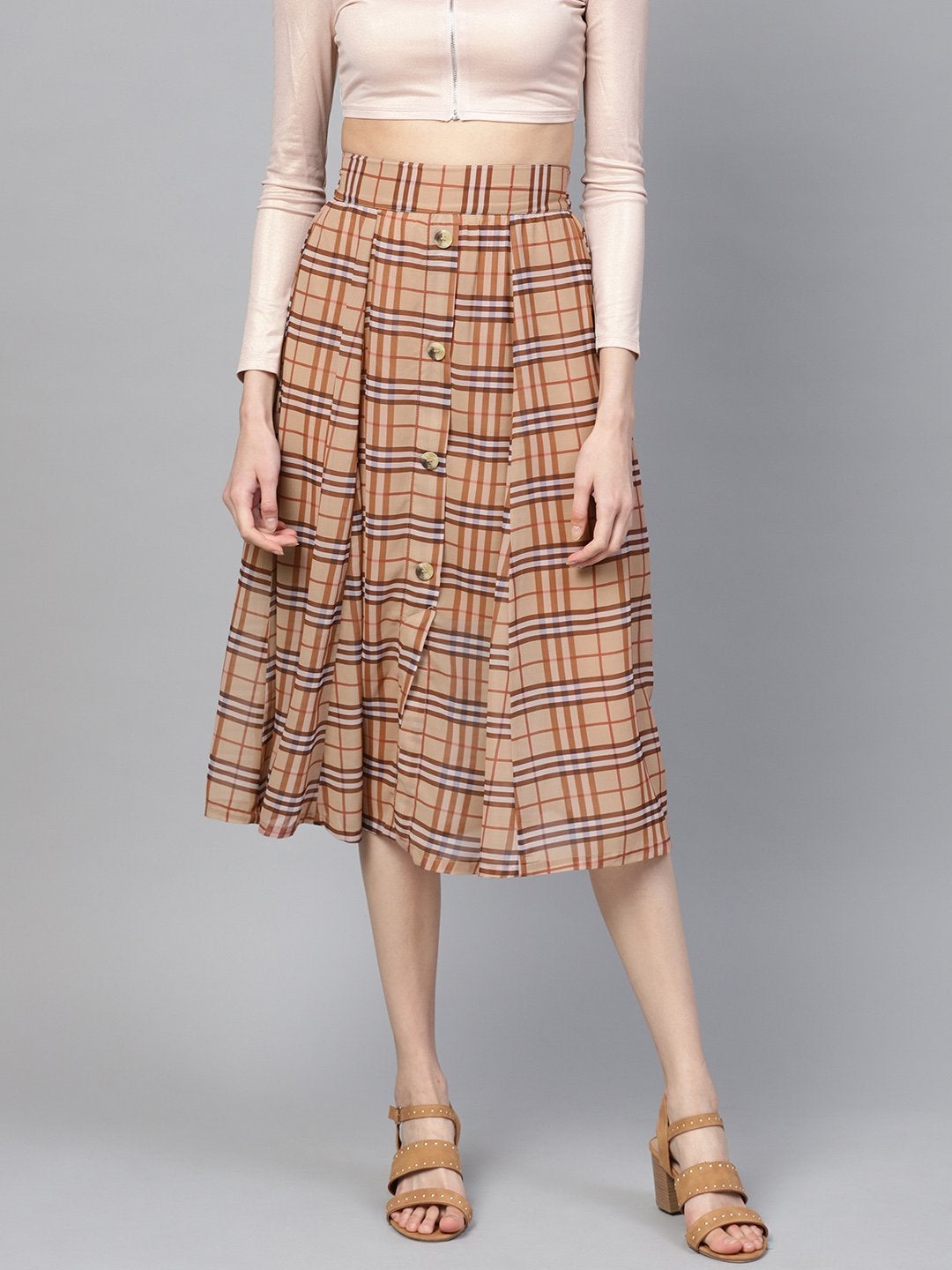 Women's Brown Check Flared Skirt - SASSAFRAS