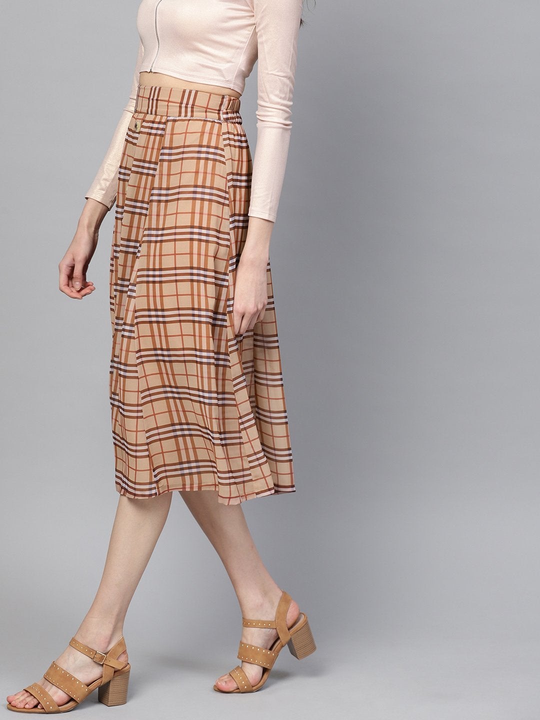 Women's Brown Check Flared Skirt - SASSAFRAS