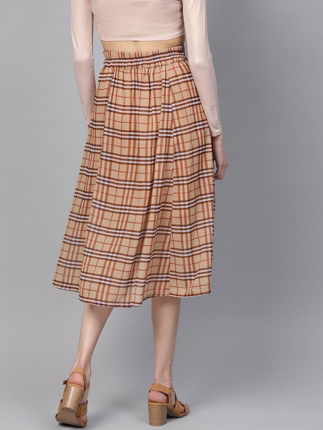 Women's Brown Check Flared Skirt - SASSAFRAS