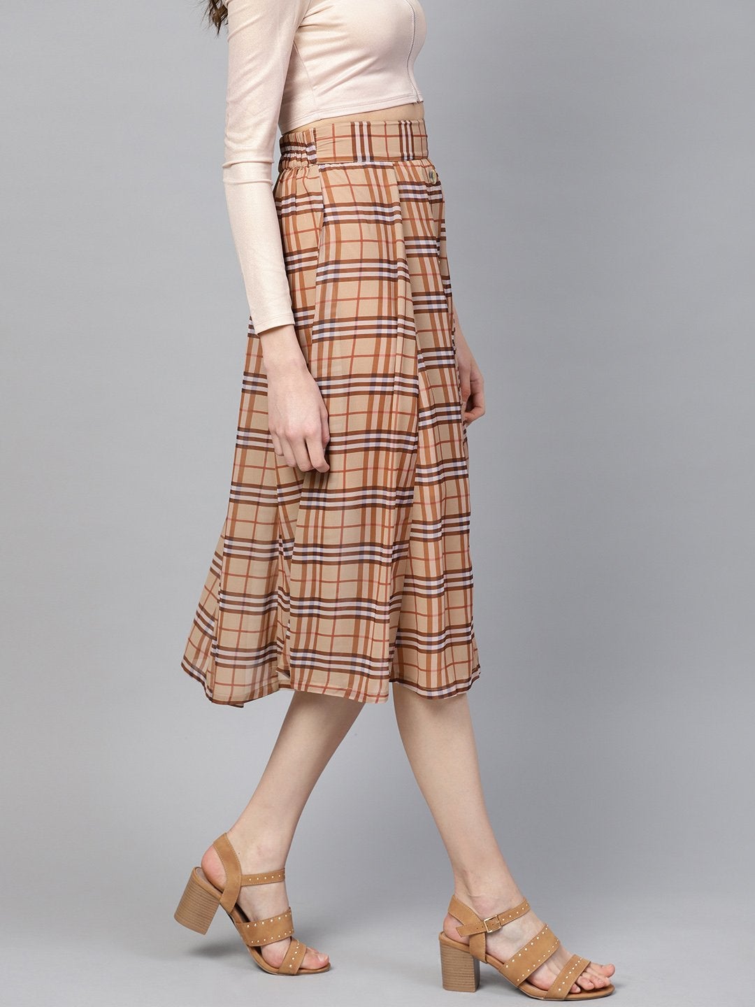 Women's Brown Check Flared Skirt - SASSAFRAS