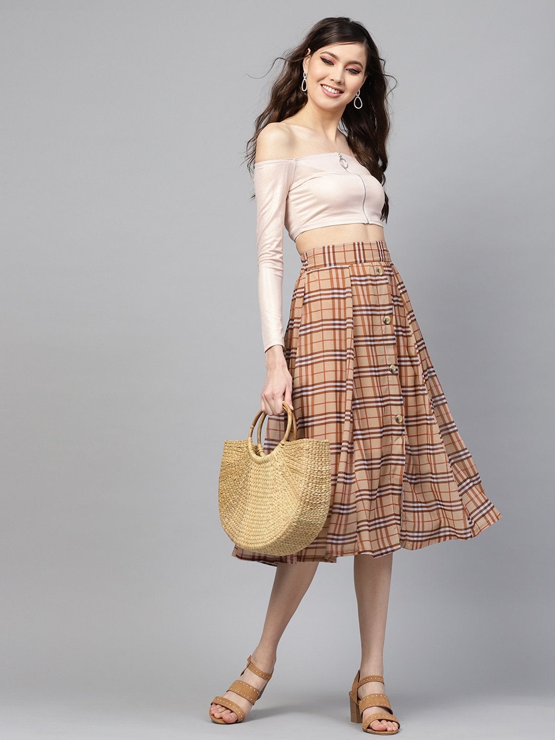 Women's Brown Check Flared Skirt - SASSAFRAS