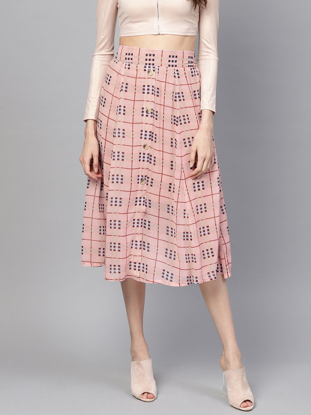 Women's Pink Check Flared Skirt - SASSAFRAS