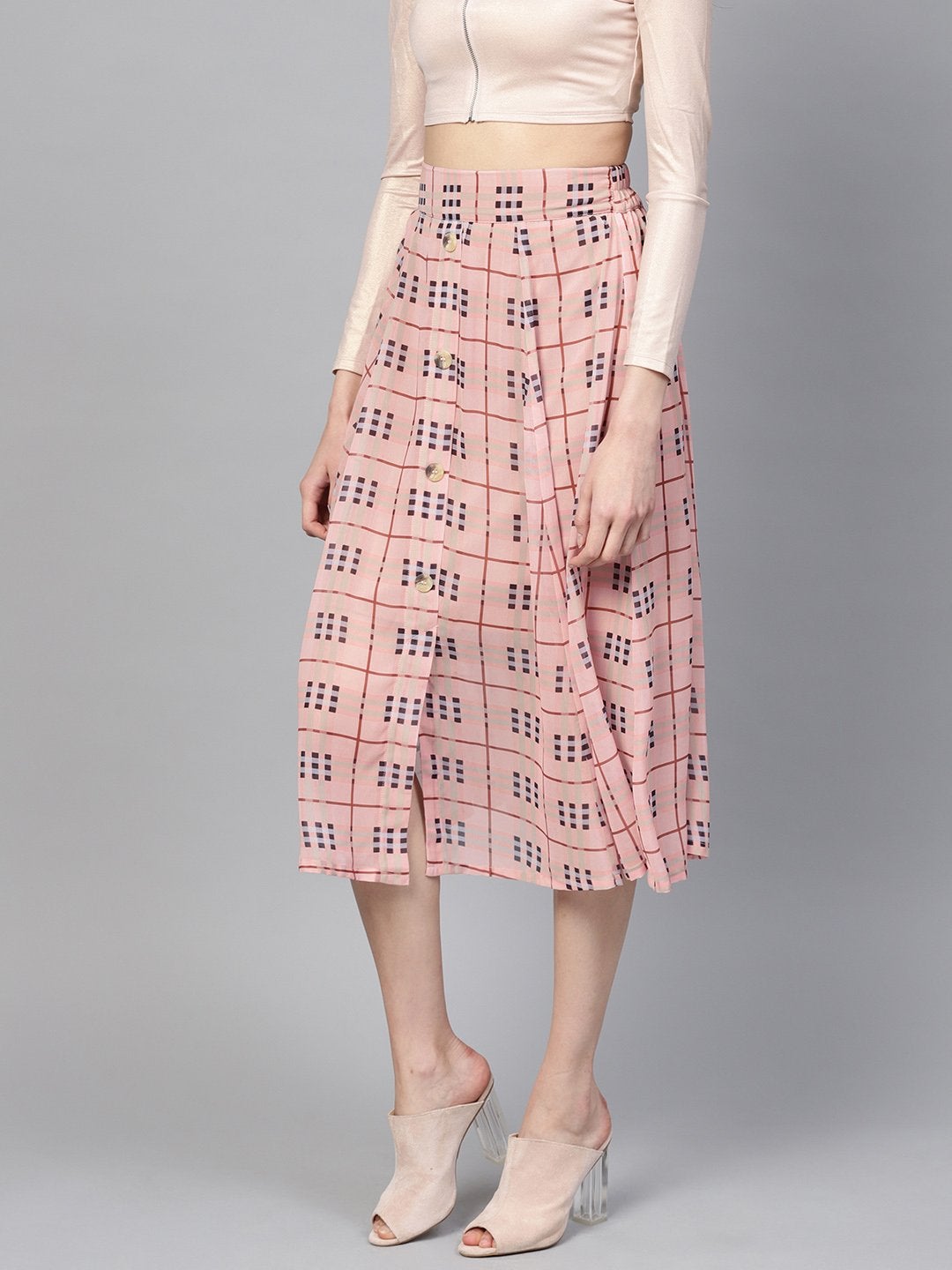 Women's Pink Check Flared Skirt - SASSAFRAS