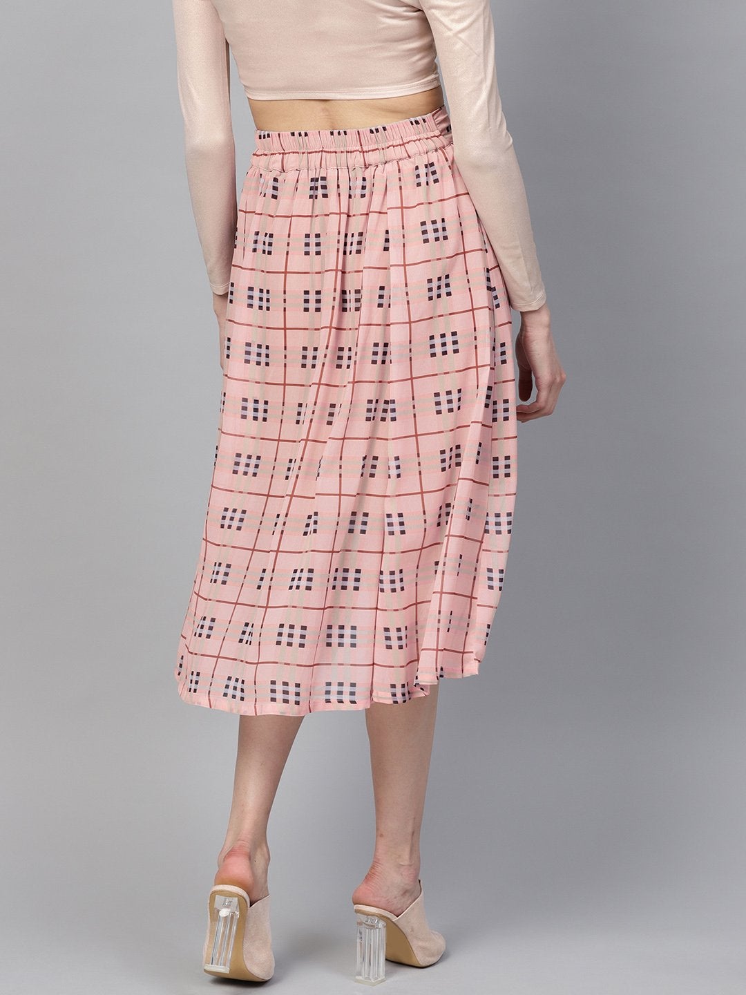 Women's Pink Check Flared Skirt - SASSAFRAS