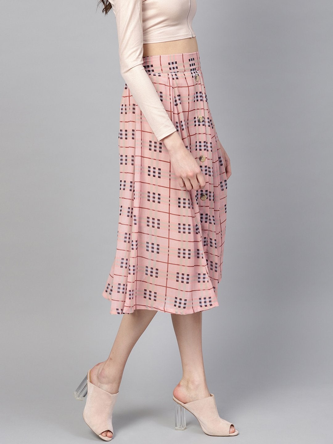 Women's Pink Check Flared Skirt - SASSAFRAS