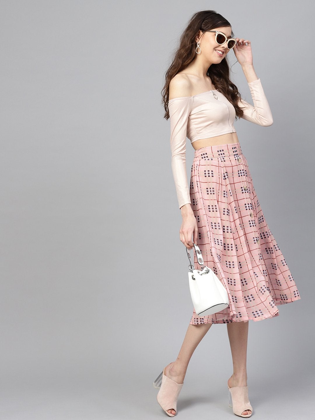 Women's Pink Check Flared Skirt - SASSAFRAS