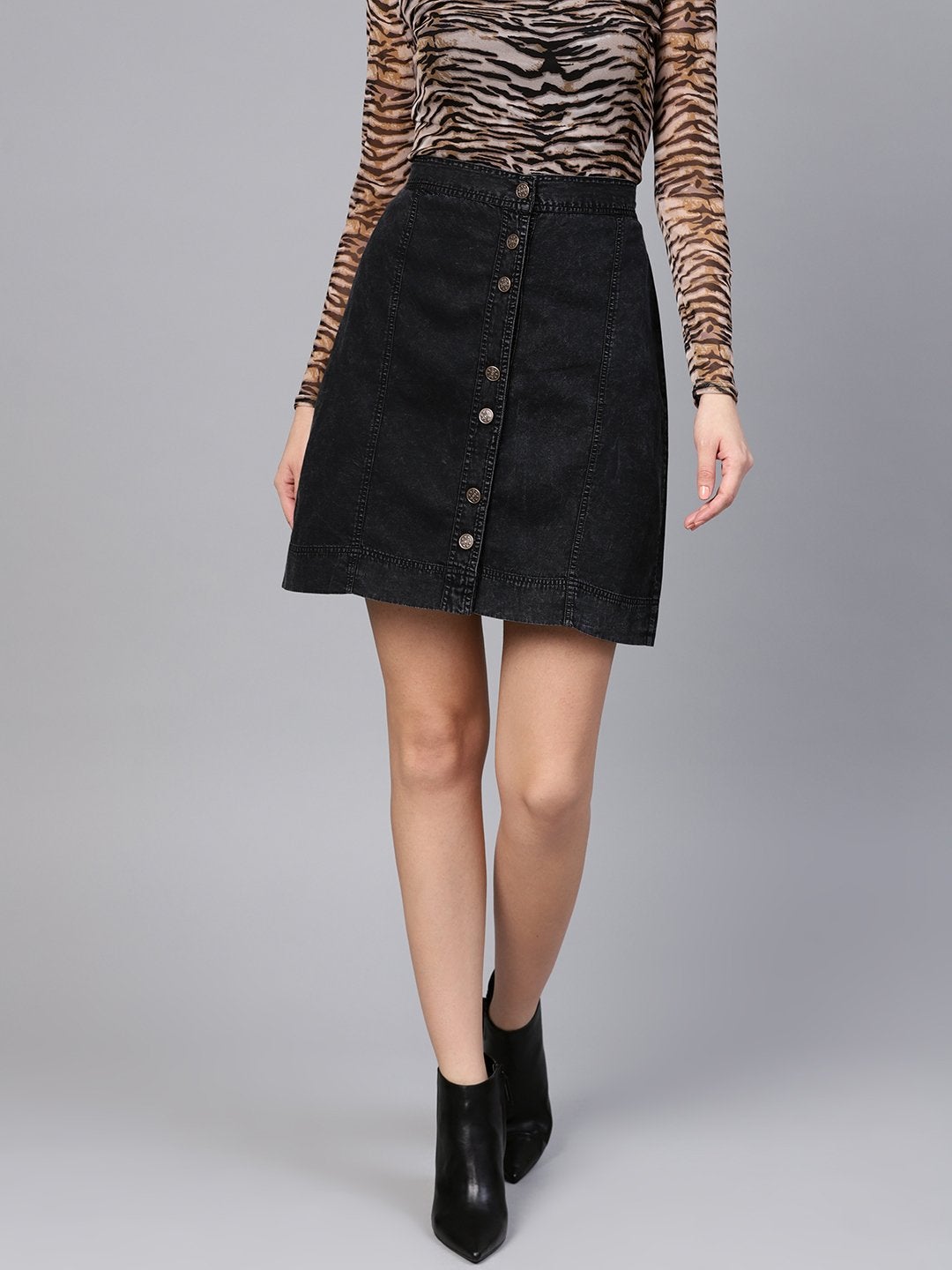 Women's Black Denim A-Line Skirt - SASSAFRAS