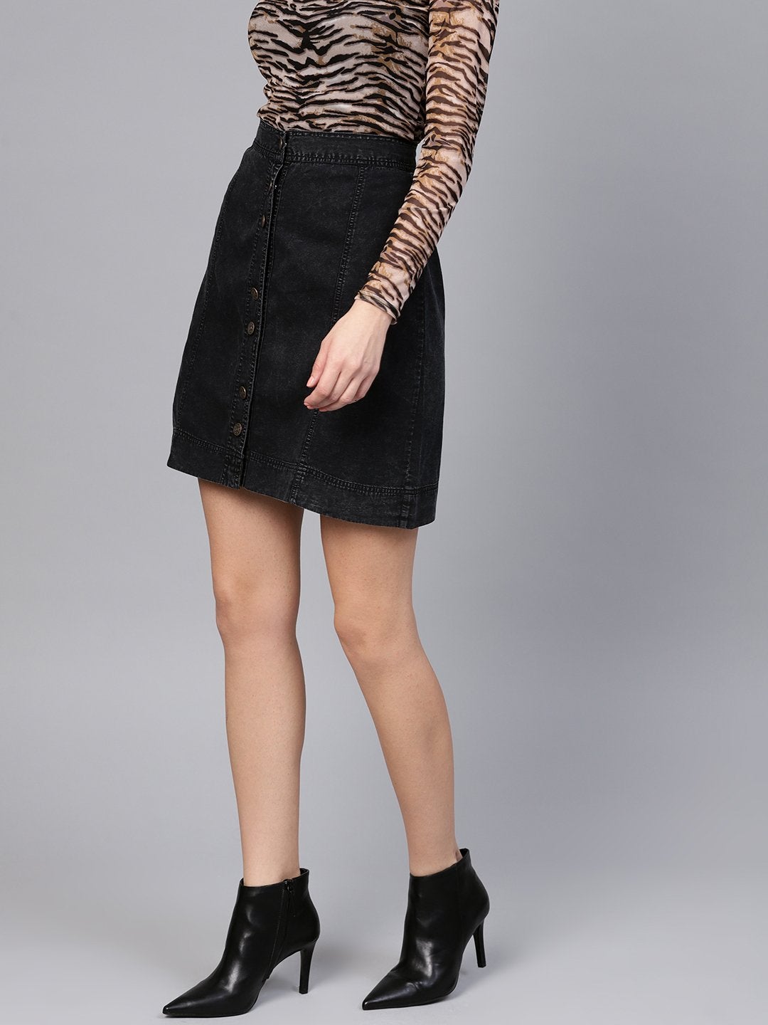 Women's Black Denim A-Line Skirt - SASSAFRAS