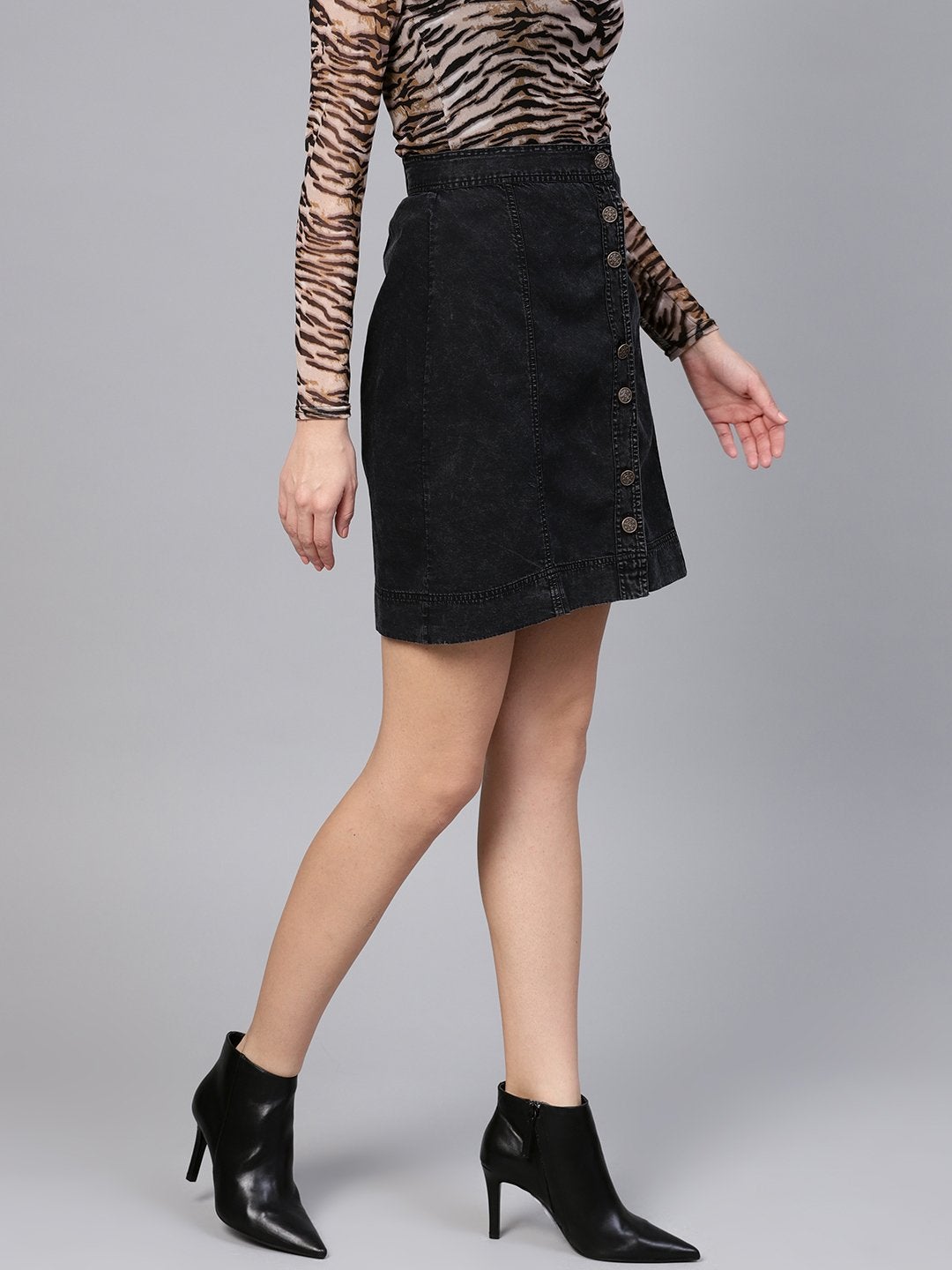 Women's Black Denim A-Line Skirt - SASSAFRAS