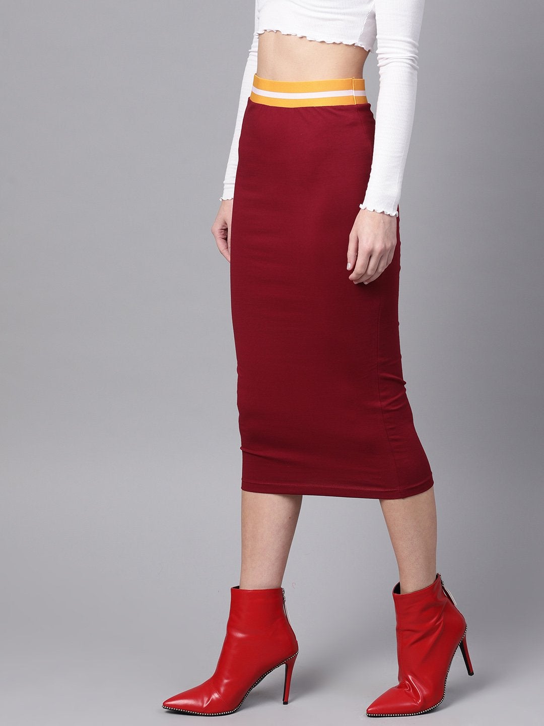 Women's Maroon Midi Athleisure Pencil Skirt - SASSAFRAS