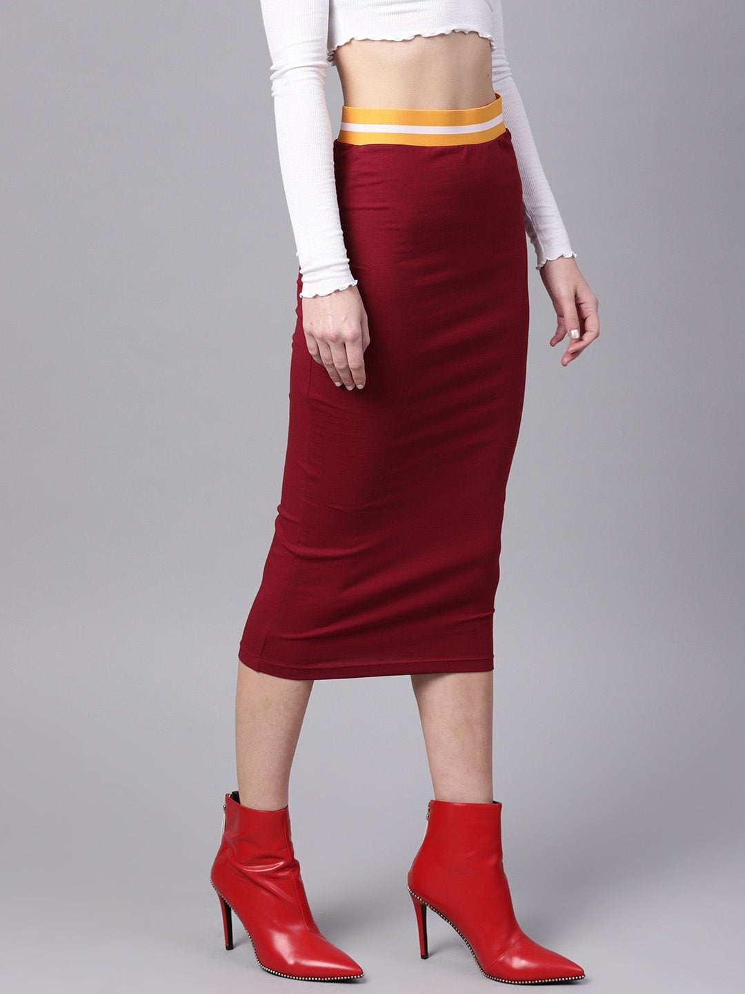 Women's Maroon Midi Athleisure Pencil Skirt - SASSAFRAS