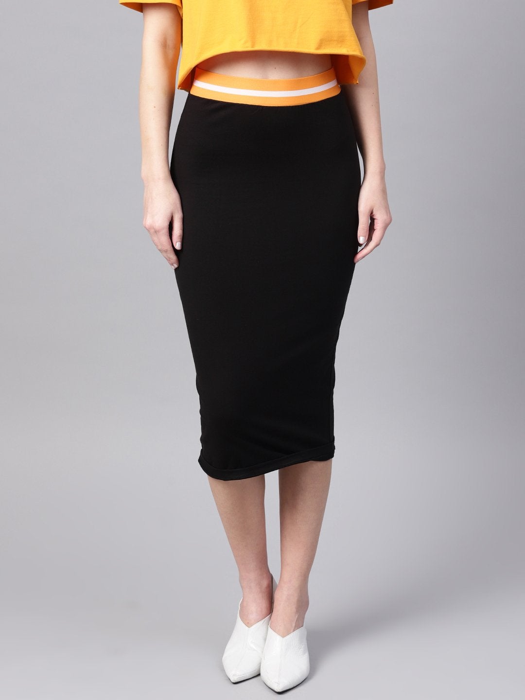 Women's Black Midi Athleisure Pencil Skirt - SASSAFRAS