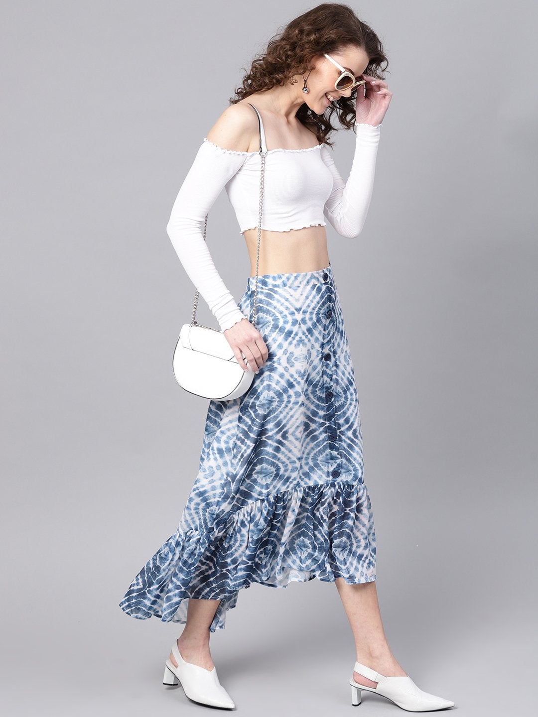 Women's Blue & White High Low Skirt - SASSAFRAS