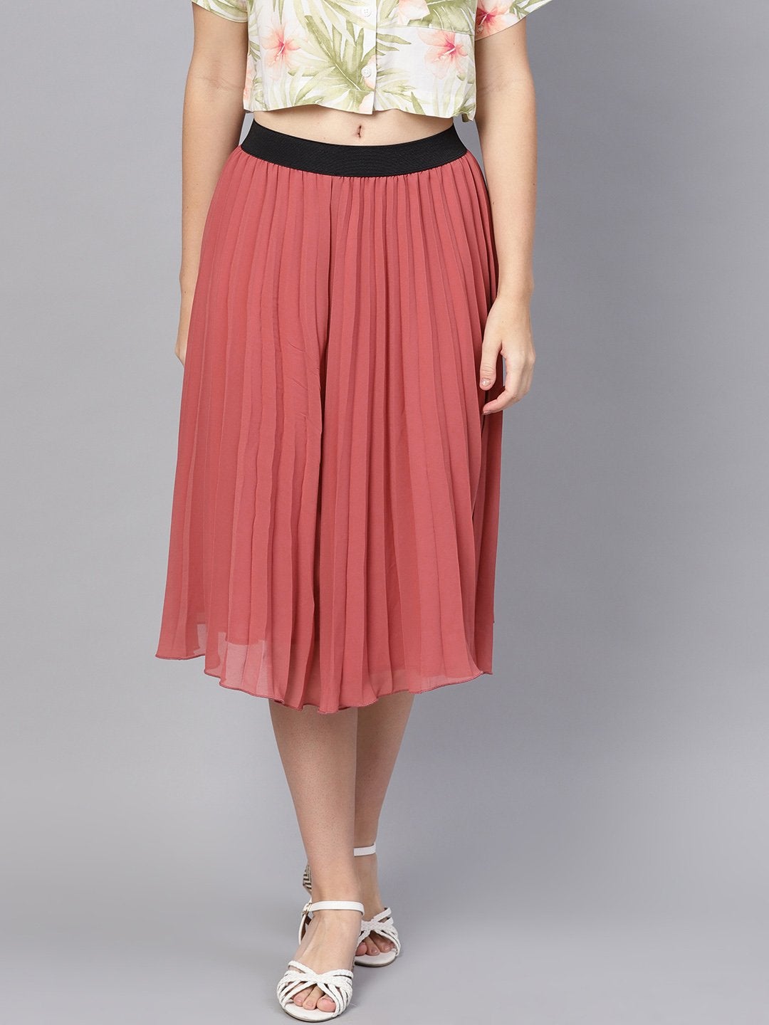 Women's Rose Pink Pleated Flared Midi Skirt - SASSAFRAS