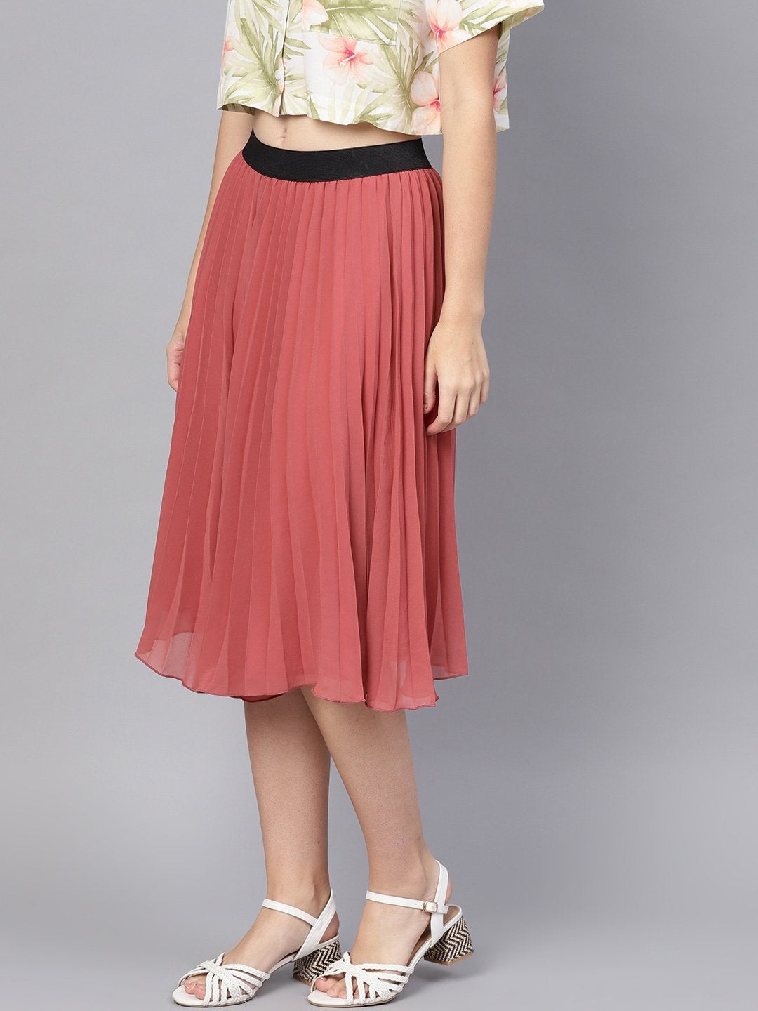 Women's Rose Pink Pleated Flared Midi Skirt - SASSAFRAS