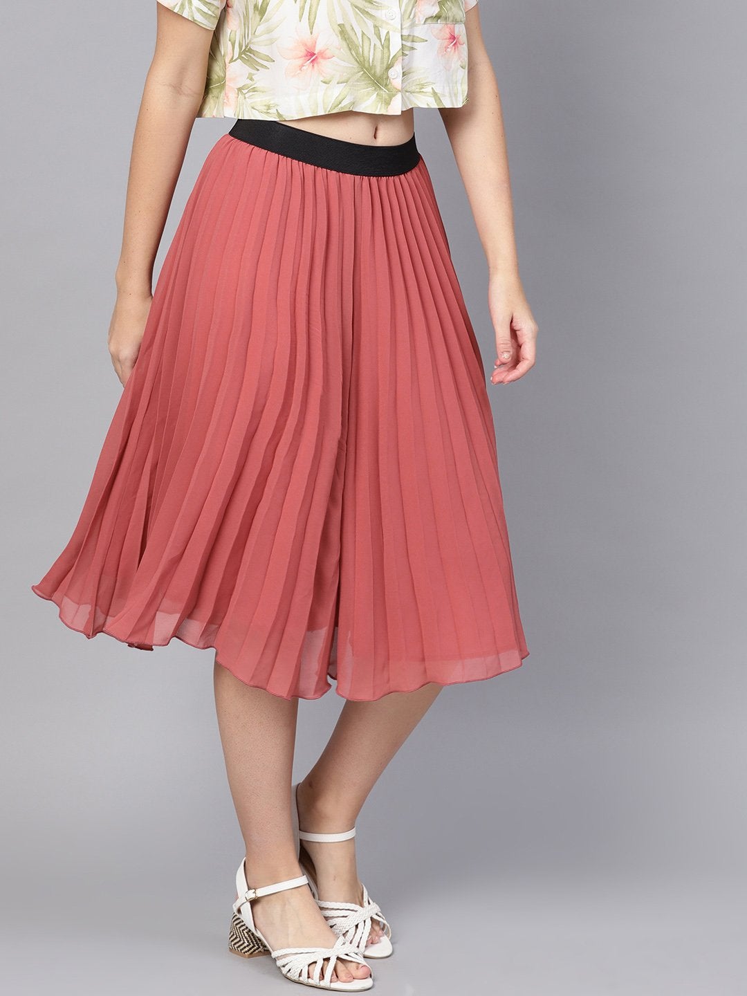 Women's Rose Pink Pleated Flared Midi Skirt - SASSAFRAS