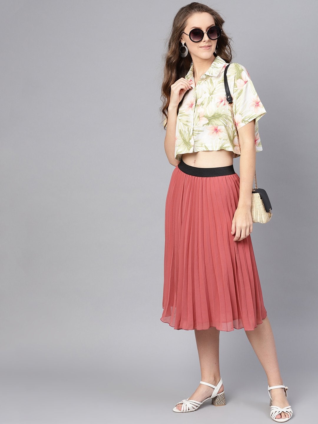 Women's Rose Pink Pleated Flared Midi Skirt - SASSAFRAS