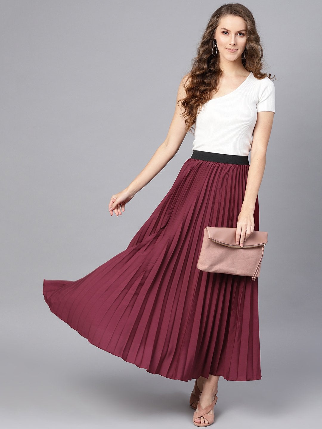 Women's Burgundy Pleated Maxi Skirt - SASSAFRAS
