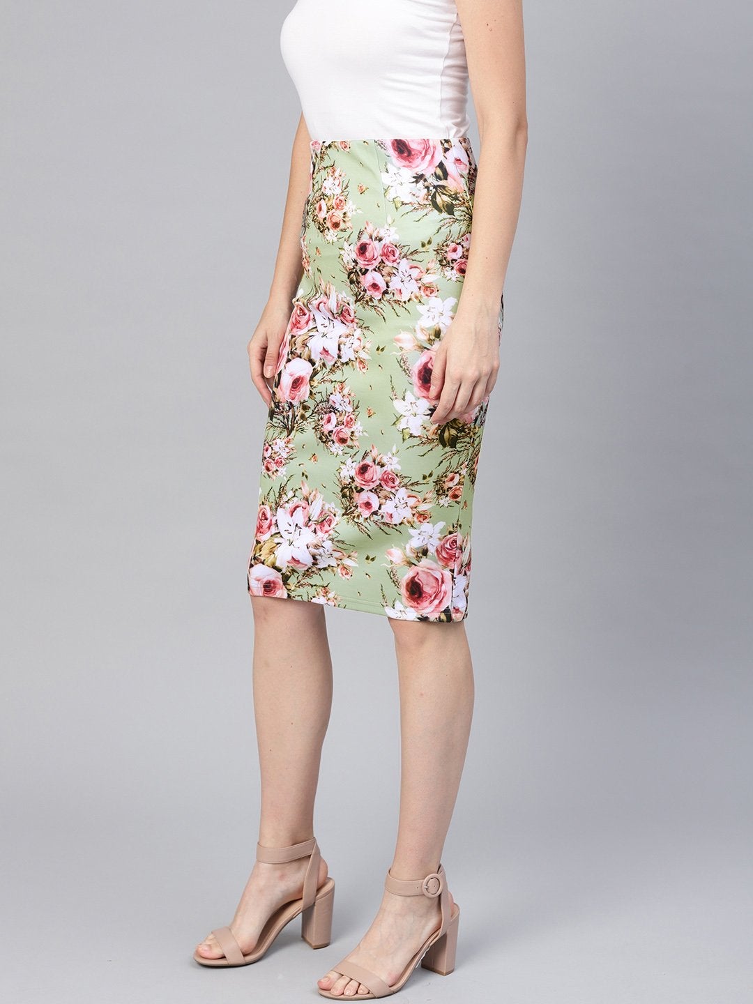 Women's Green Floral Pencil Skirt - SASSAFRAS