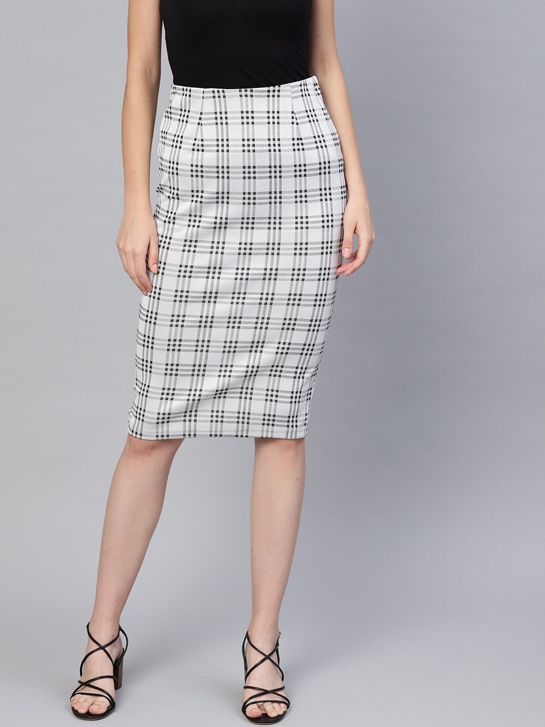 Women's Black & Grey Check Pencil Skirt - SASSAFRAS