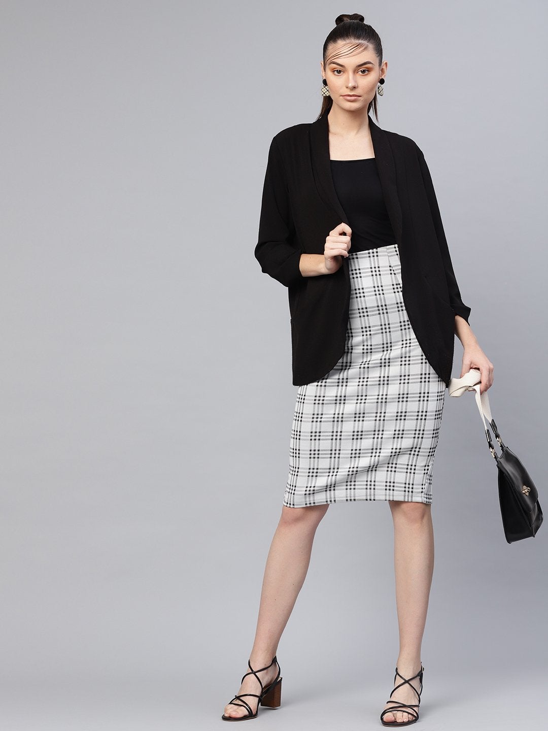 Women's Black & Grey Check Pencil Skirt - SASSAFRAS