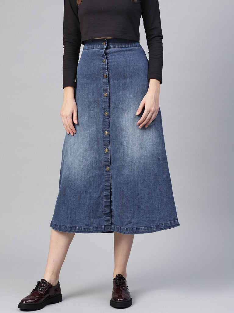 Women's Denim Blue Washed Long Buttoned Skirt