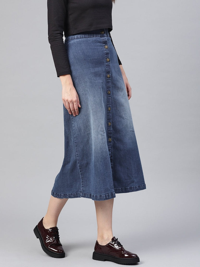 Women's Denim Blue Washed Long Buttoned Skirt