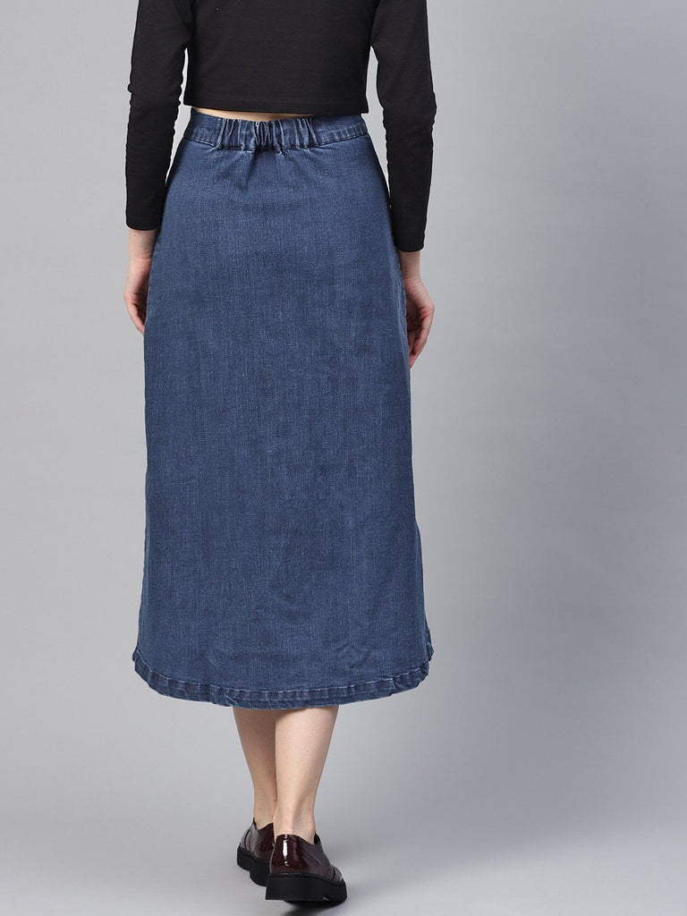 Women's Denim Blue Washed Long Buttoned Skirt