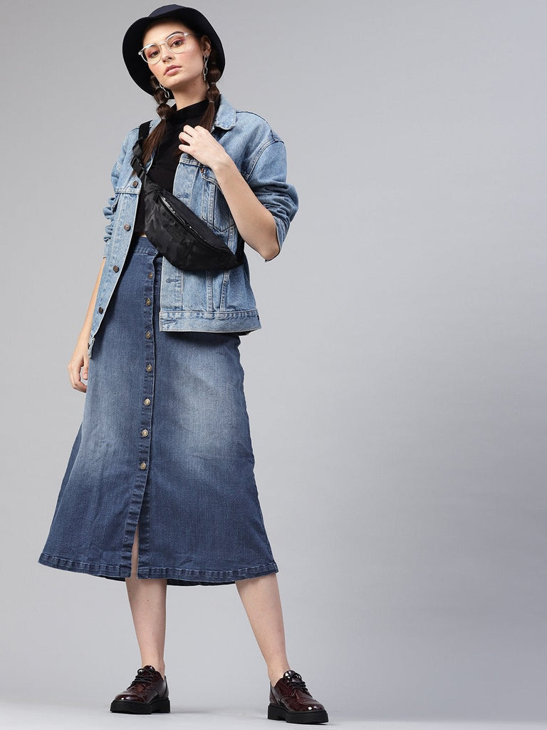 Women's Denim Blue Washed Long Buttoned Skirt