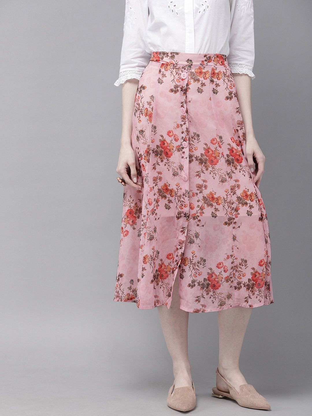 Women's Pink Floral A-Line Skirt - SASSAFRAS