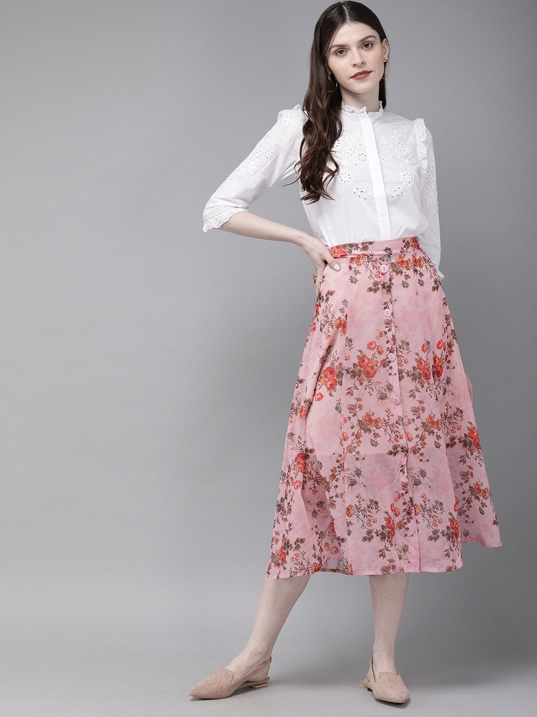 Women's Pink Floral A-Line Skirt - SASSAFRAS