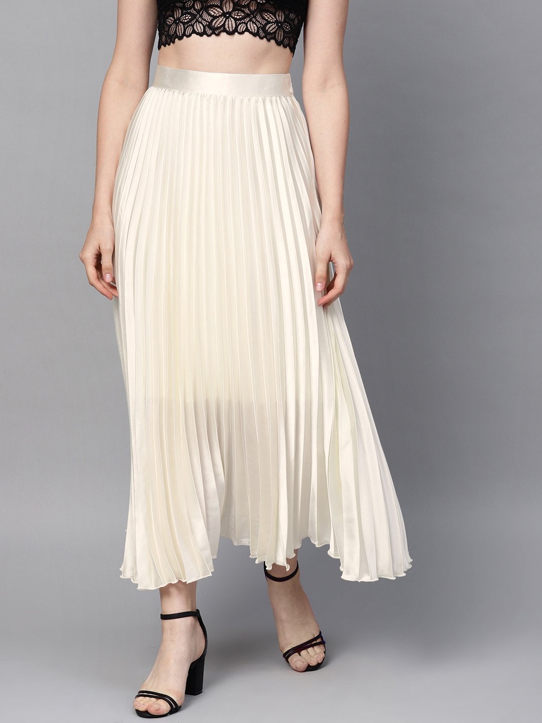 Women's White Satin Pleated Maxi Skirt - SASSAFRAS