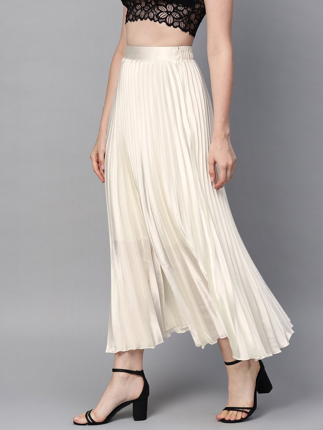 Women's White Satin Pleated Maxi Skirt - SASSAFRAS