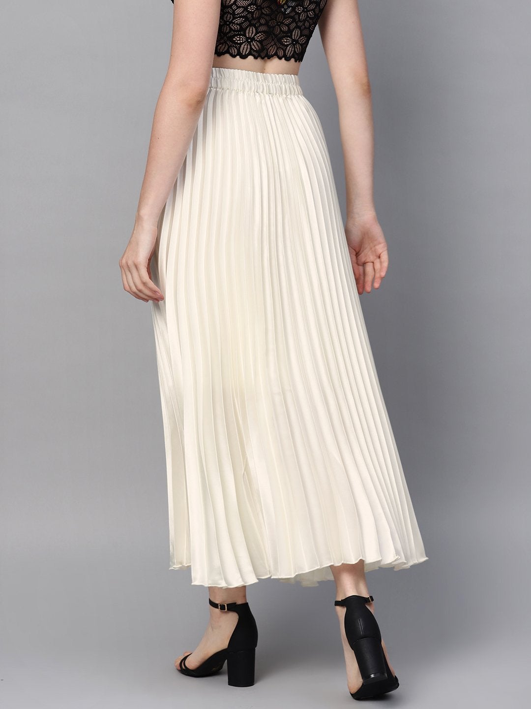 Women's White Satin Pleated Maxi Skirt - SASSAFRAS