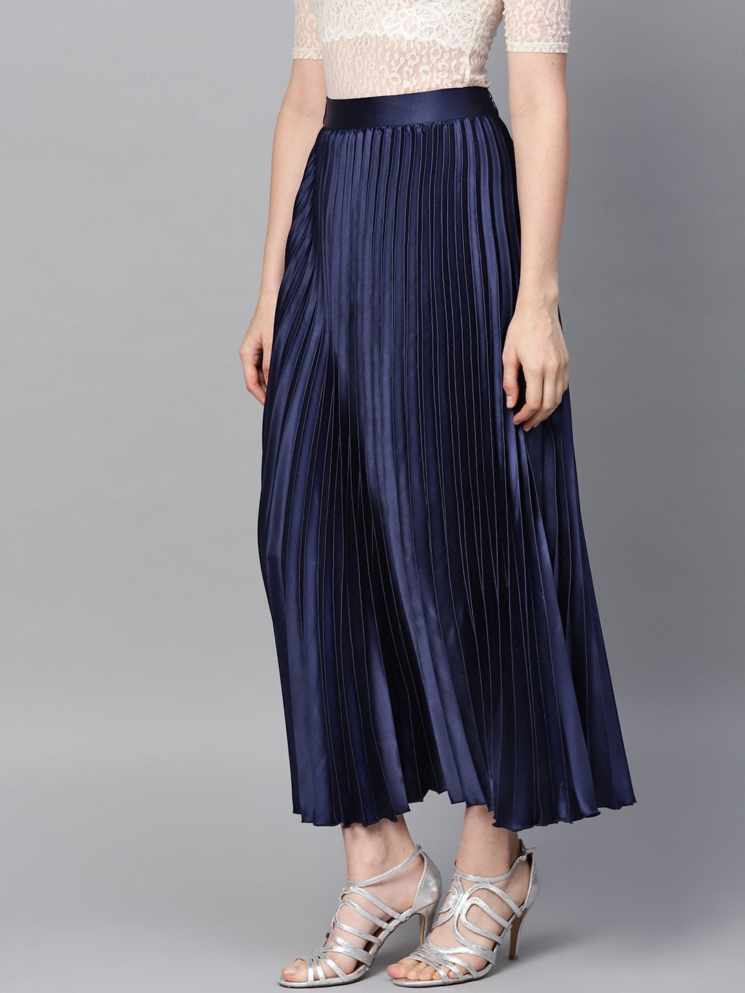 Women's Blue Satin Pleated Maxi Skirt - SASSAFRAS