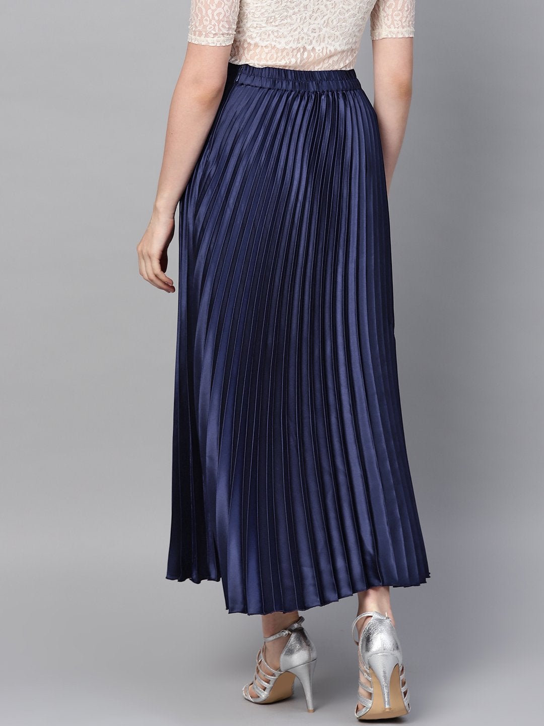 Women's Blue Satin Pleated Maxi Skirt - SASSAFRAS