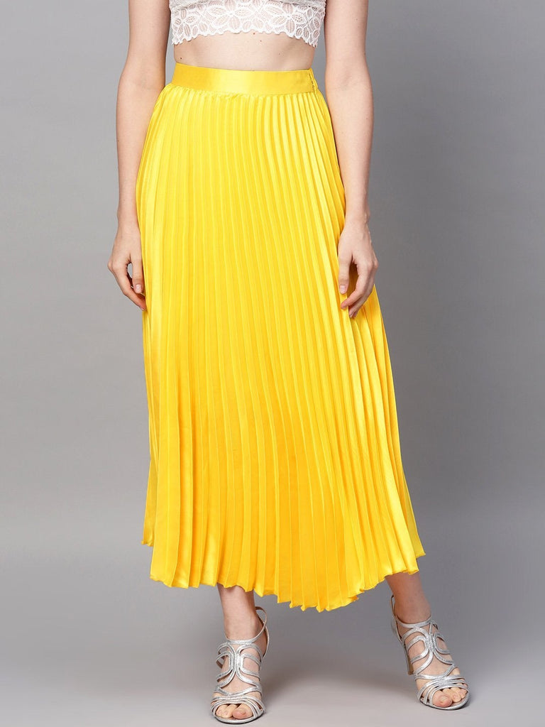 Women's Yellow Satin Pleated Maxi Skirt