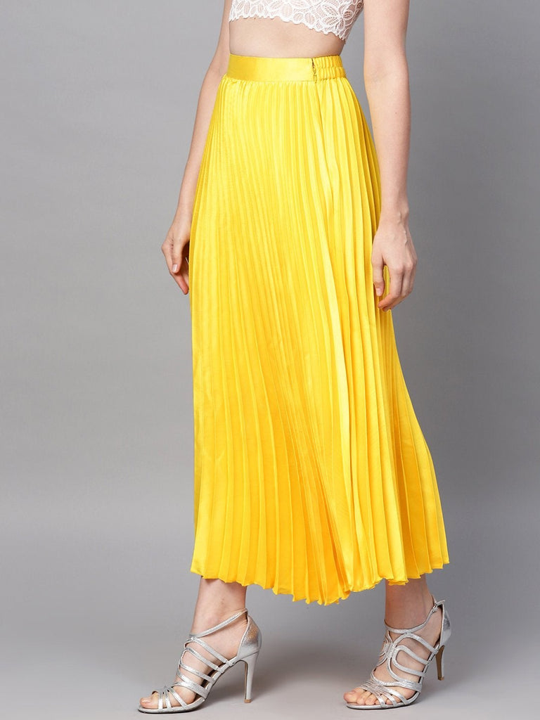 Women's Yellow Satin Pleated Maxi Skirt