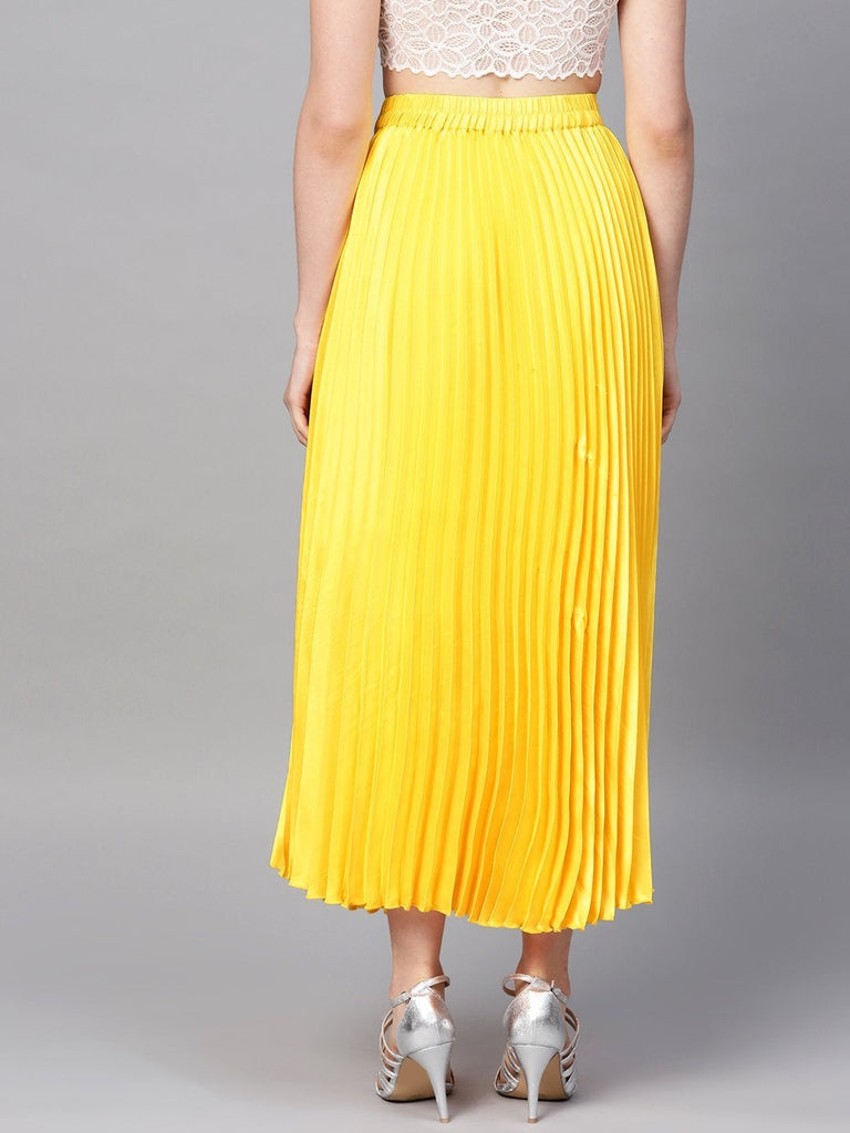 Women's Yellow Satin Pleated Maxi Skirt