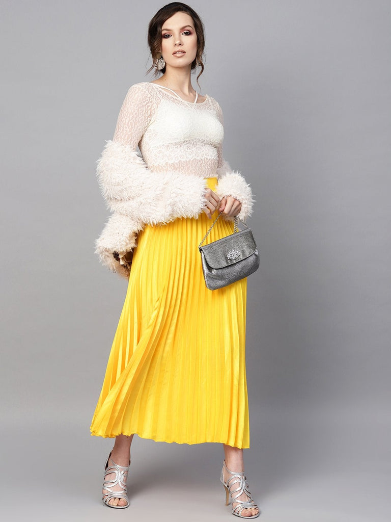 Women's Yellow Satin Pleated Maxi Skirt