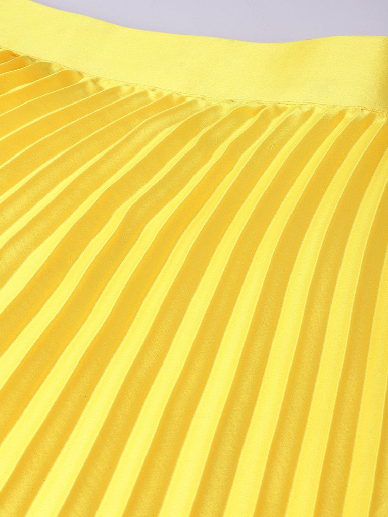 Women's Yellow Satin Pleated Maxi Skirt