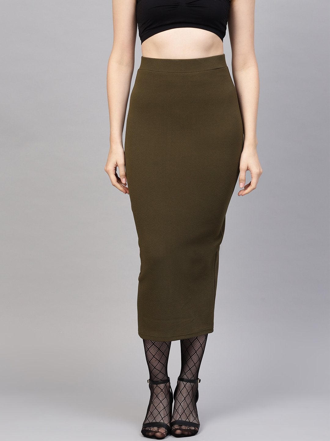 Women's Olive Rib Pencil Midi Skirt - SASSAFRAS