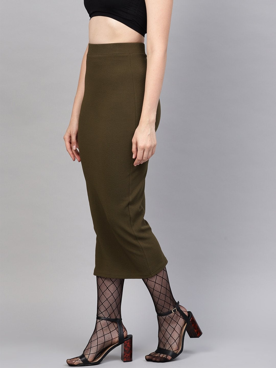 Women's Olive Rib Pencil Midi Skirt - SASSAFRAS