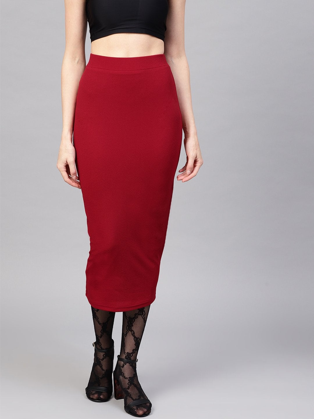 Women's Red Rib Pencil Midi Skirt - SASSAFRAS