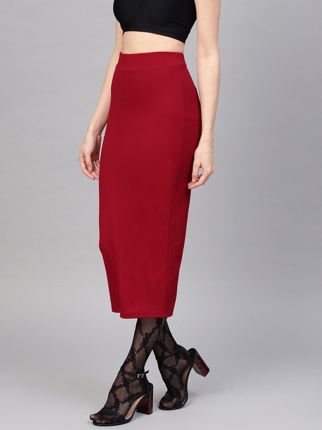 Women's Red Rib Pencil Midi Skirt - SASSAFRAS