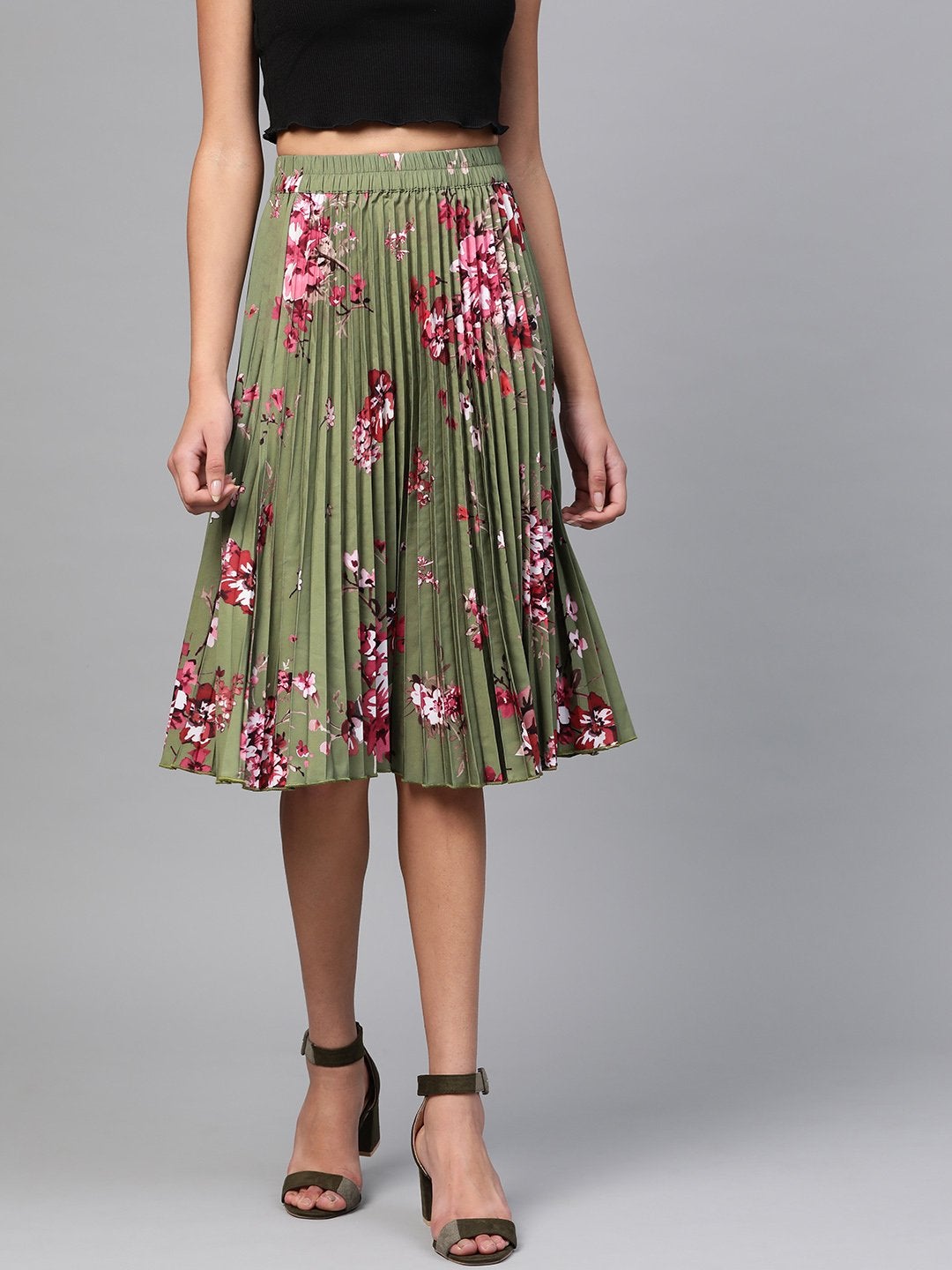 Women's Olive Floral Short Pleated Skirt - SASSAFRAS