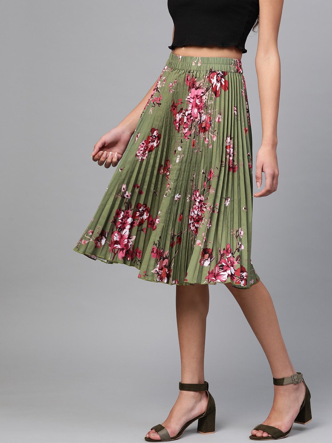 Women's Olive Floral Short Pleated Skirt - SASSAFRAS