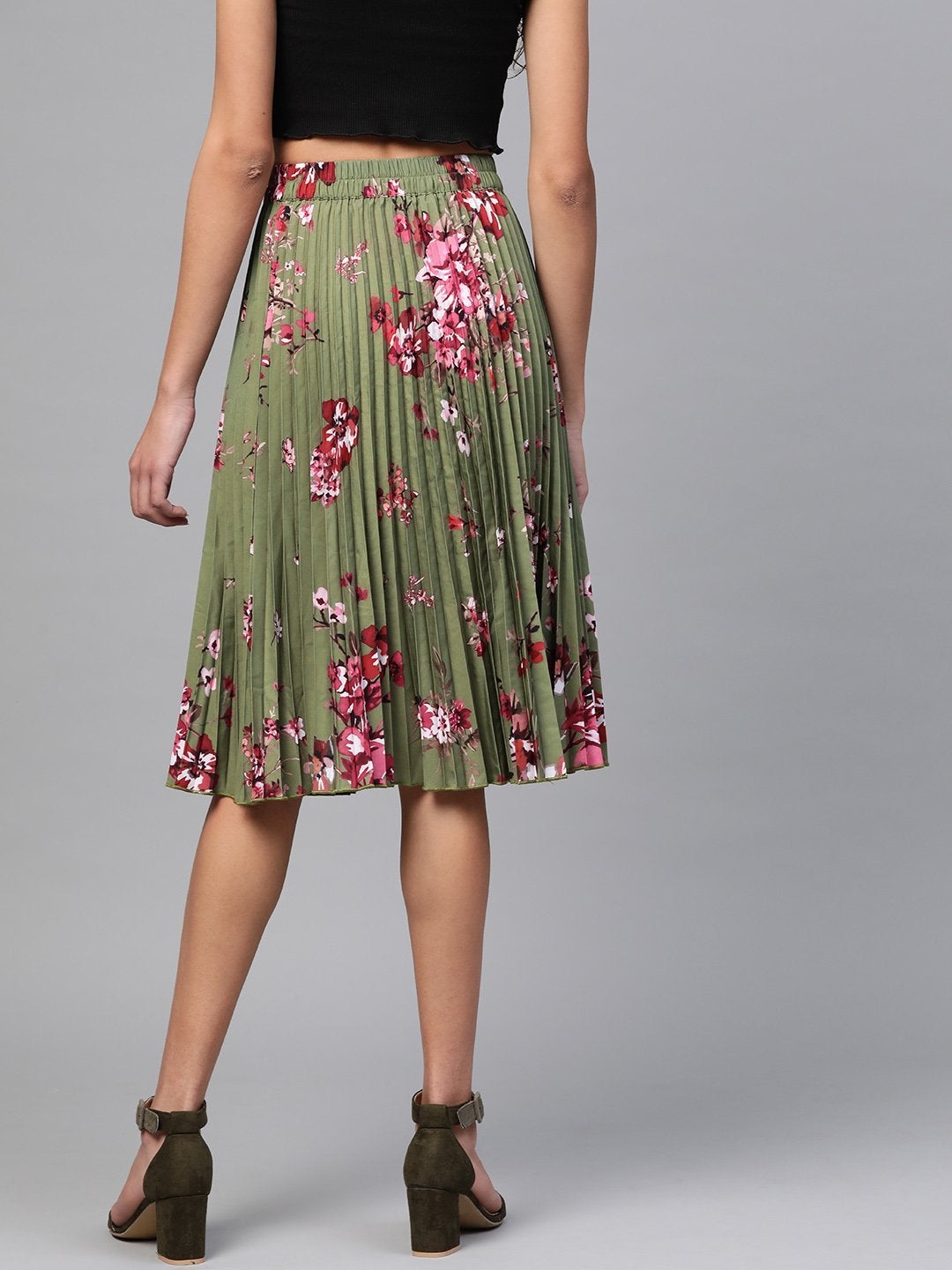 Women's Olive Floral Short Pleated Skirt - SASSAFRAS