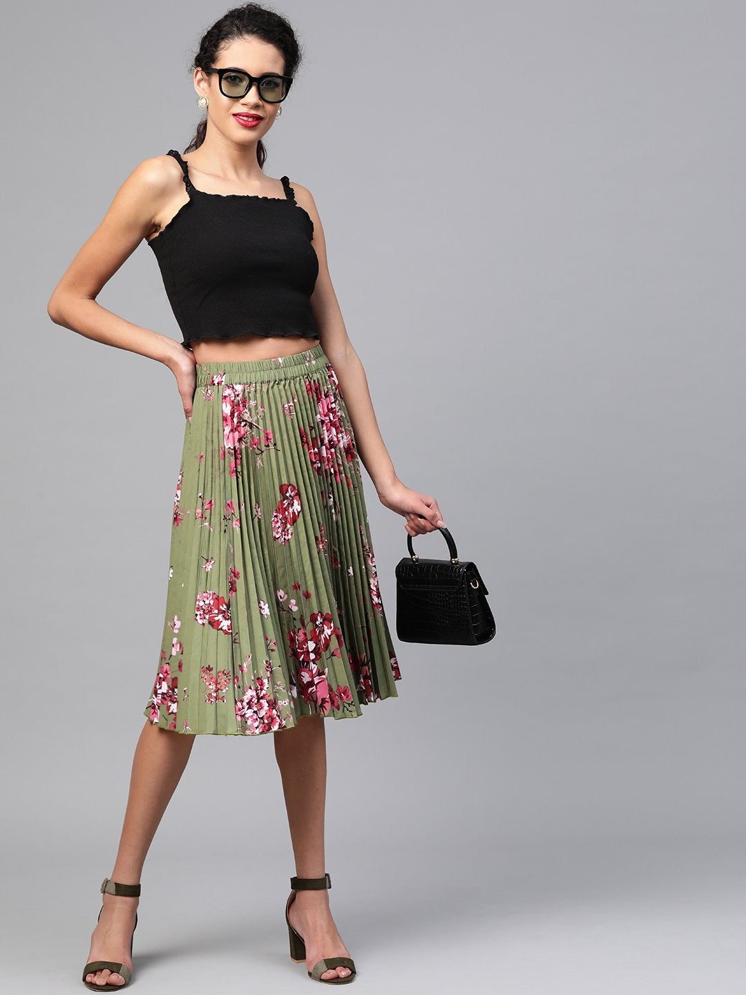 Women's Olive Floral Short Pleated Skirt - SASSAFRAS